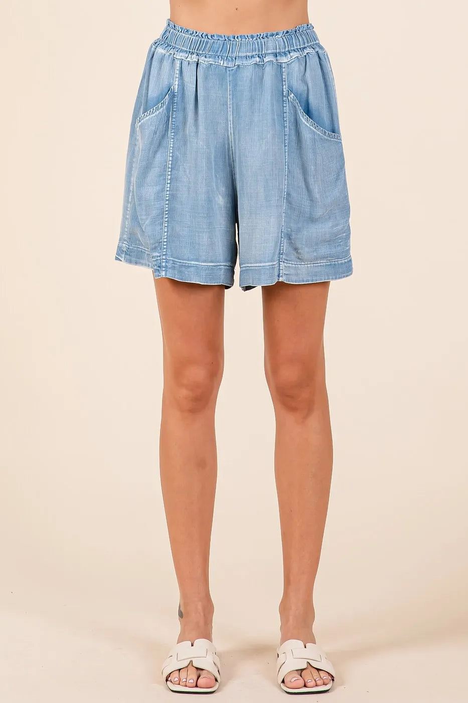 Mittoshop Washed Chambray Elastic Waist Easy Fit Shorts - Sydney So Sweet