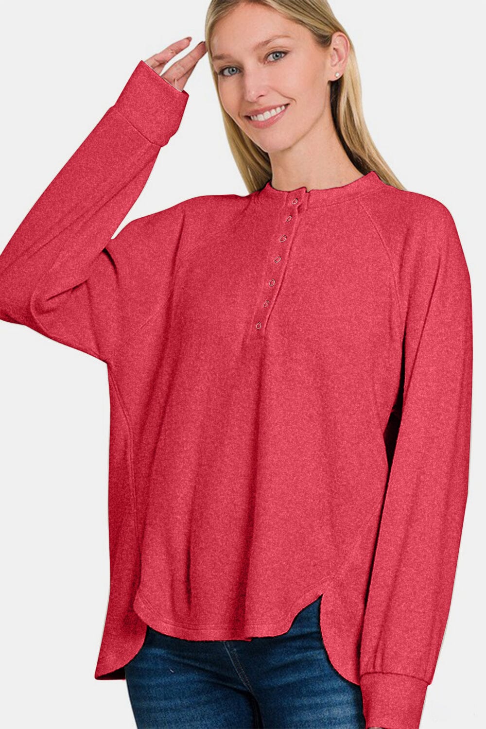 Zenana Full Size Brushed Melange Hacci High-Low Sweater - Sydney So Sweet
