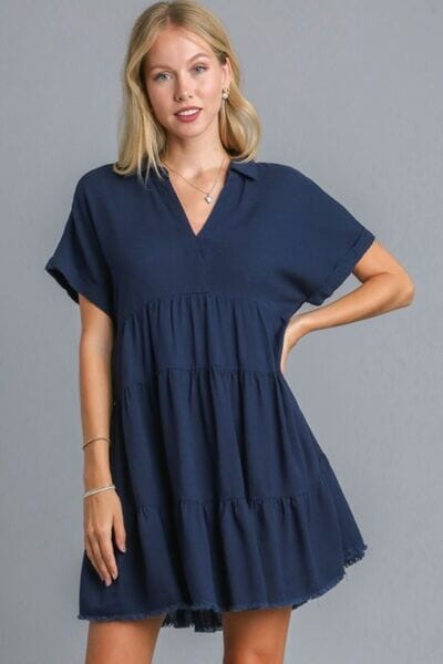 Umgee Full Size Raw Hem Folded Sleeve Tiered Dress Plus Size - Sydney So Sweet