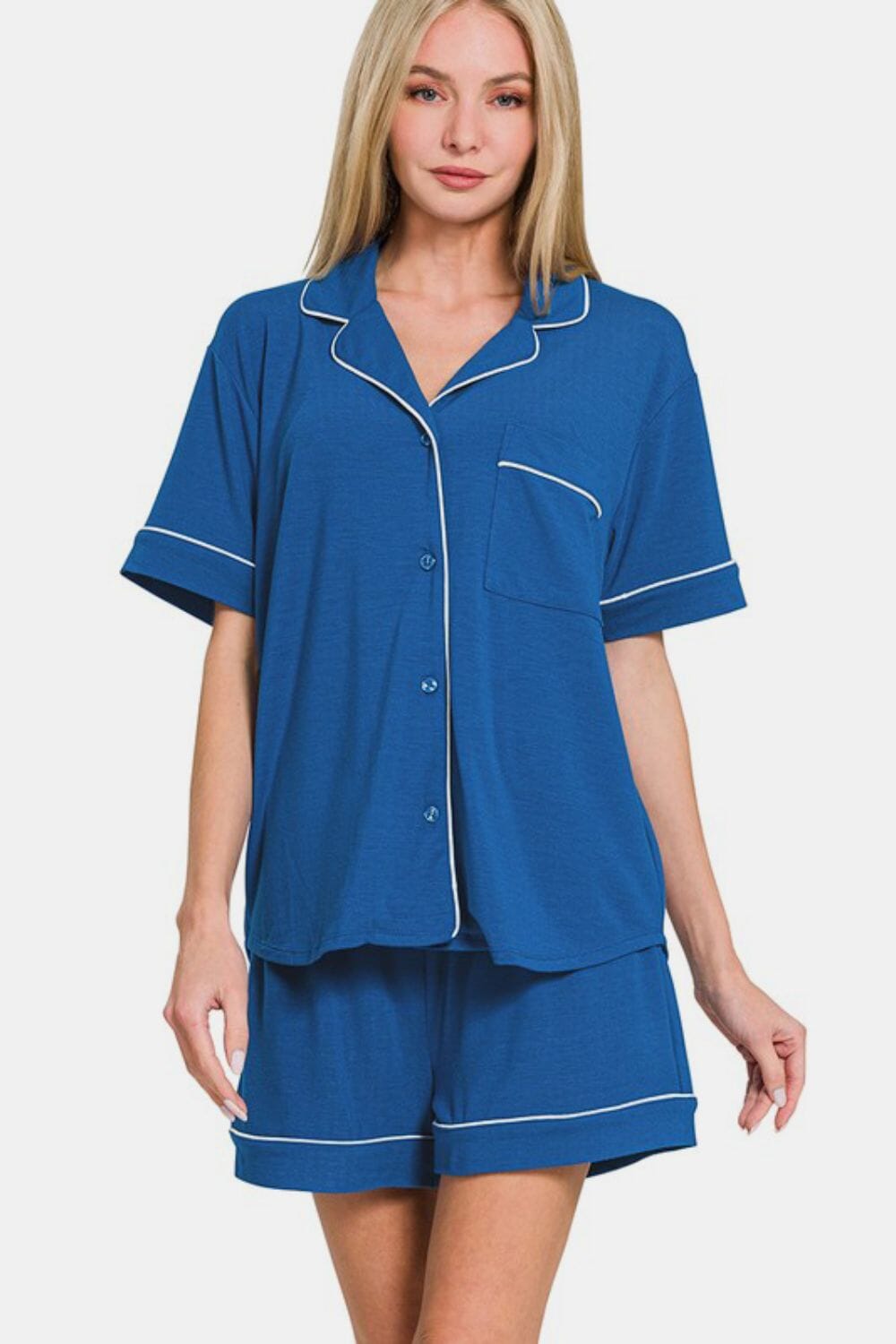 Zenana Button Down Short Sleeve Top and Shorts Lounge Set - Sydney So Sweet