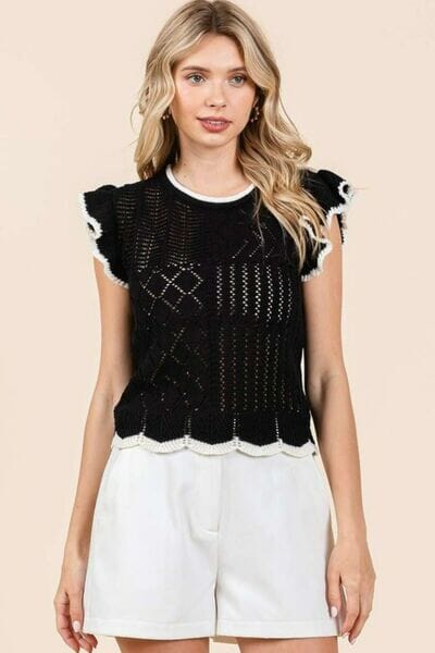 Mittoshop Openwork Contrast Trim Ruffled Cap Sleeve Knit Top - Sydney So Sweet