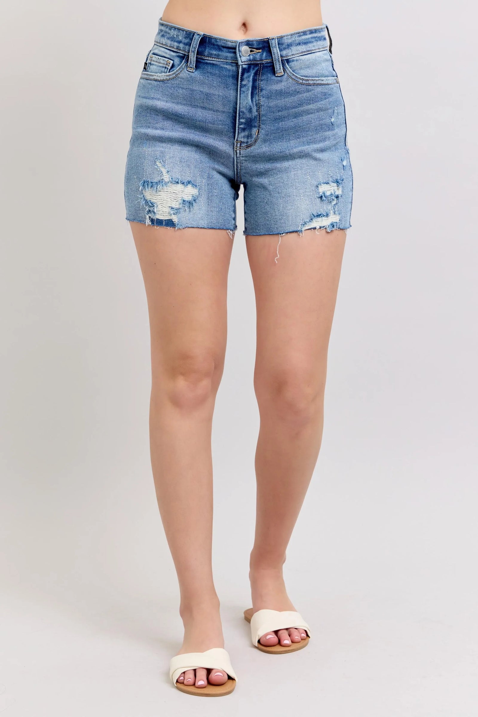 Judy Blue Full Size High Waist Denim Shorts W/stitch Over Destroy Detail Plus Size - Sydney So Sweet