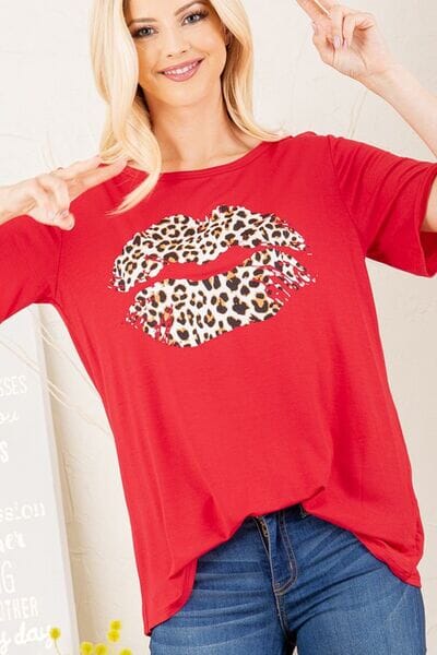 Heimish Full Size Leopard Lip Round Neck Short Sleeve T-Shirt Plus Size - Sydney So Sweet