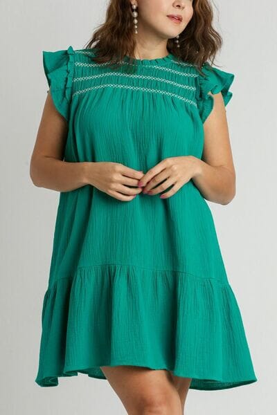 Umgee Full Size Smocked Contrast Stitching Ruffle Cap Sleeve Round Neck Dress Plus Size - Sydney So Sweet