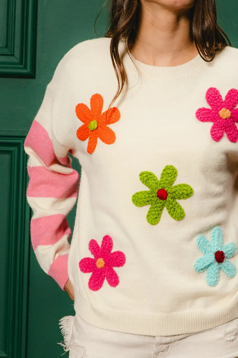 BiBi Colorful Floral Patched Sweater with Striped Sleeve - Sydney So Sweet