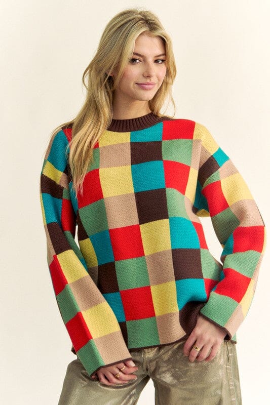 Davi & Dani Color Block Checkered Dropped Shoulder Sweater - Sydney So Sweet