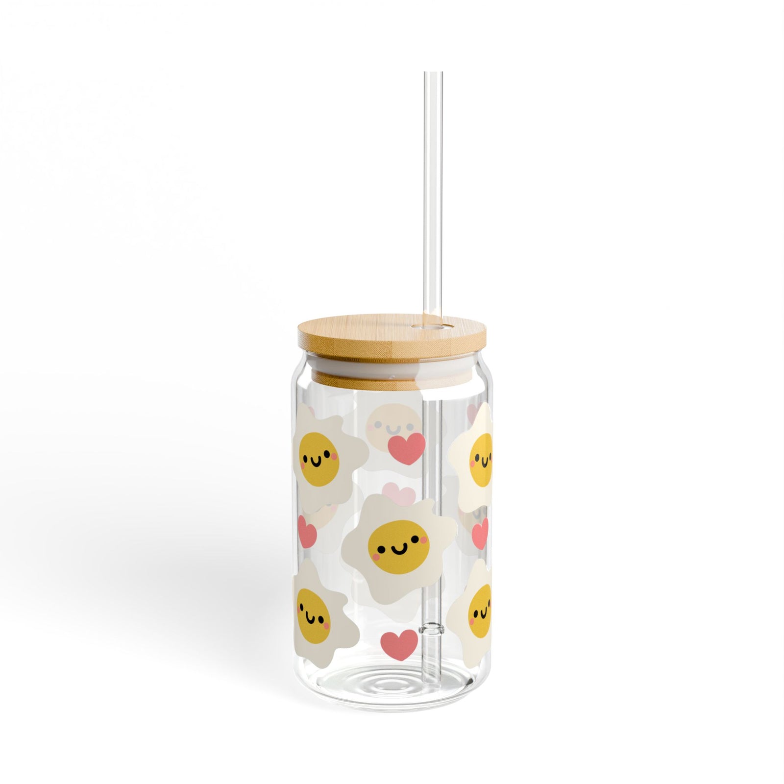 Kawaii Eggs Tumbler Sipper Glass 16oz — Reusable Drink Jar with Lid & Straw