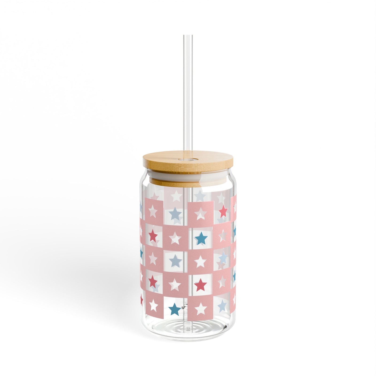 Checkered Stars Tumbler Sipper Glass 16oz — Reusable Drink Jar with Lid & Straw