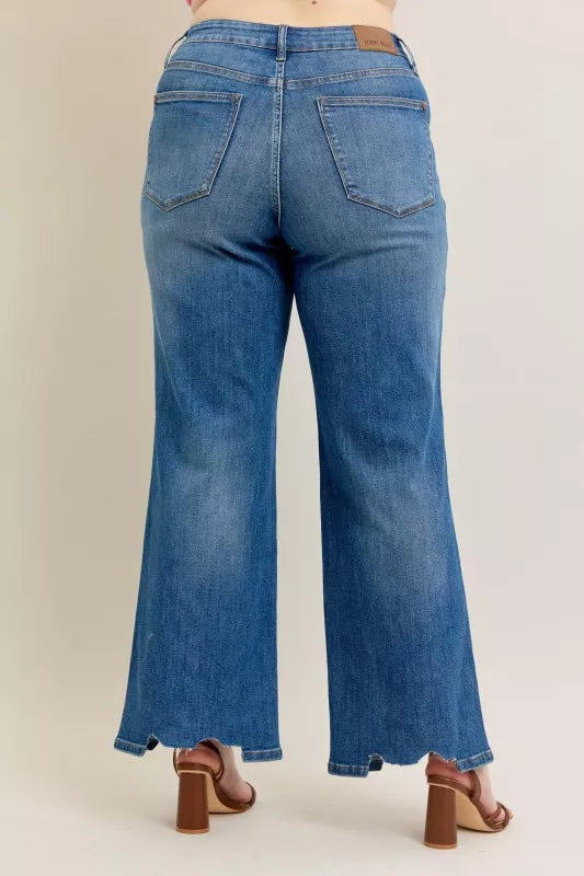 Judy Blue Full Size High Waist Tummy Control Chew Hem Destroy Wide Jeans Plus Size - Sydney So Sweet