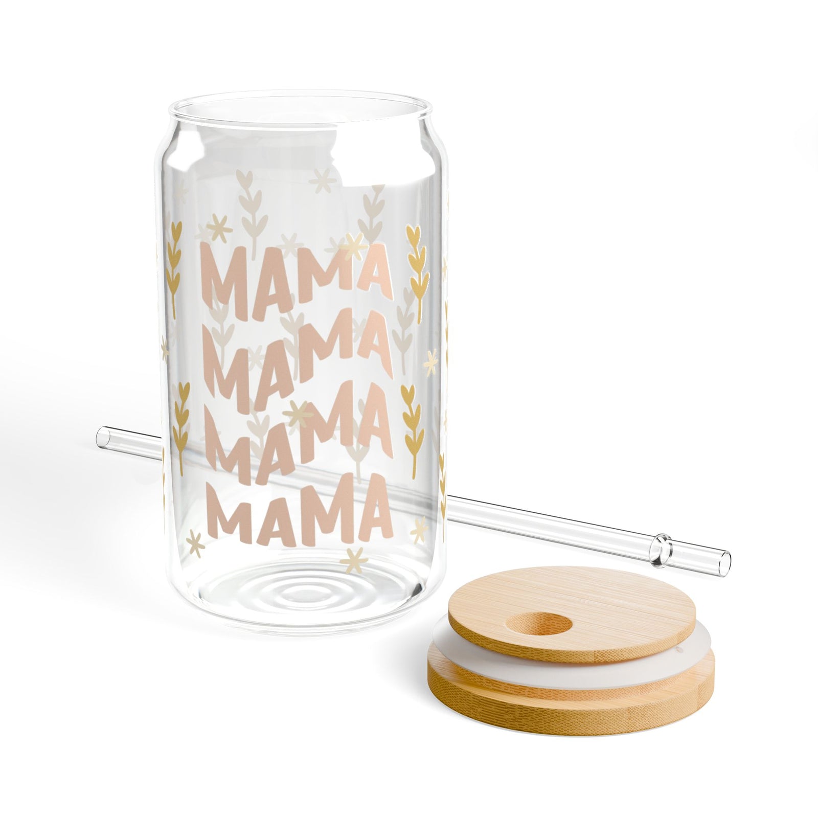 Boho Mama Tumbler Sipper Glass 16oz — Reusable Drink Jar with Lid & Straw