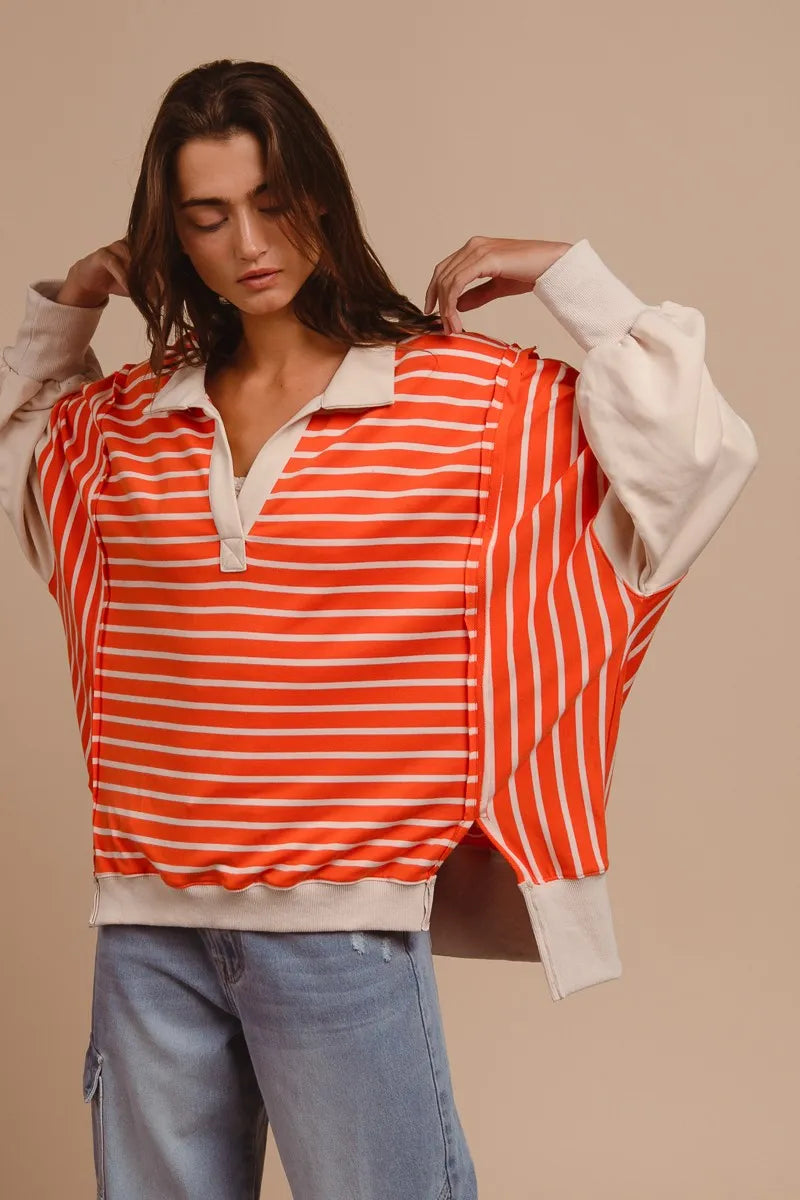 BiBi Stripe Knit Loose Fit Top With Cut Edge Detail - Sydney So Sweet