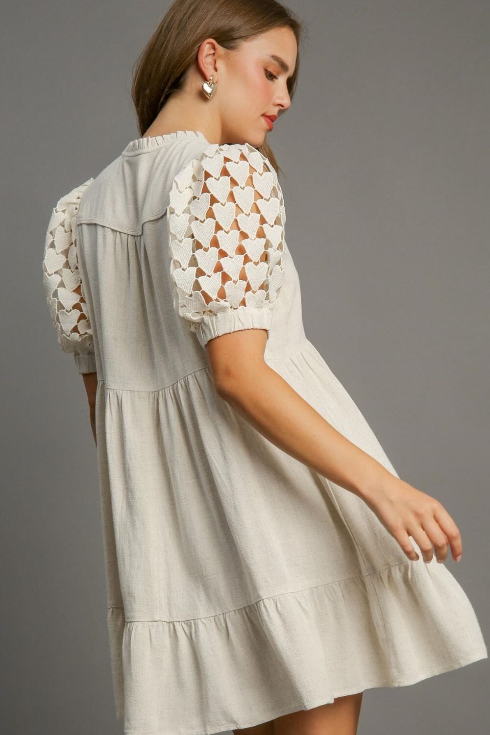 Umgee Full Size Ruffled Hem Heart Lace Sleeve Tie Neck Dress Plus Size - Sydney So Sweet