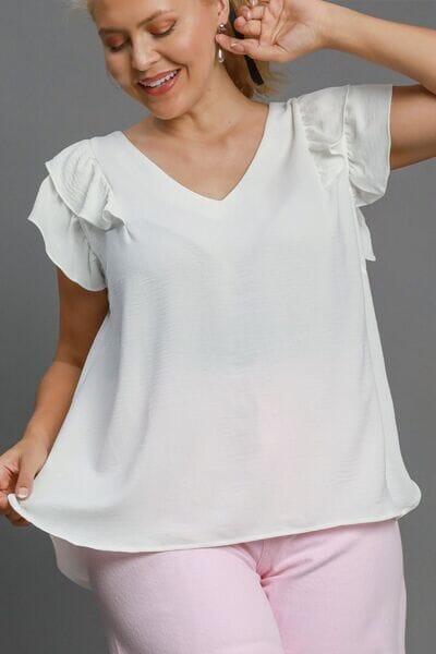 Umgee Full Size V-Neck Double Layered Ruffle Sleeve Blouse Plus Size - Sydney So Sweet