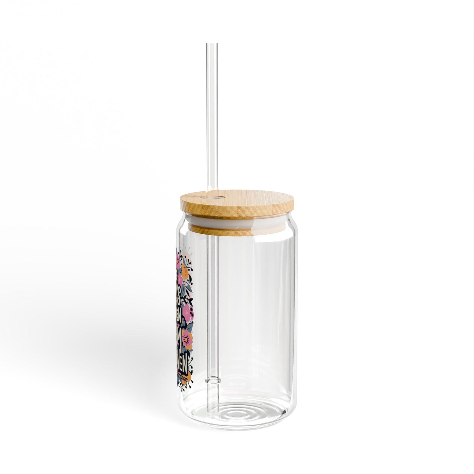 The Cross Has Spoken I Am Forgiven Floral Sipper Glass 16oz Reusable Drink Jar with Lid & Straw