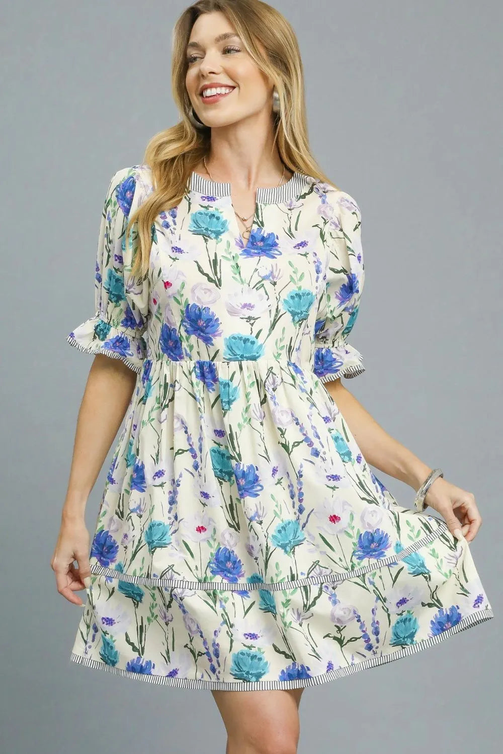 Umgee BabyDoll Floral Striped Hem Mini Dress - Sydney So Sweet