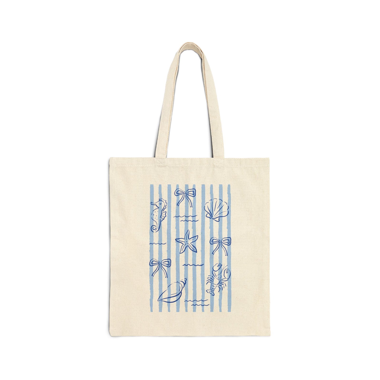 Coastal Blue Seashell Stripe Cotton Canvas Beach or Market Tote Bag