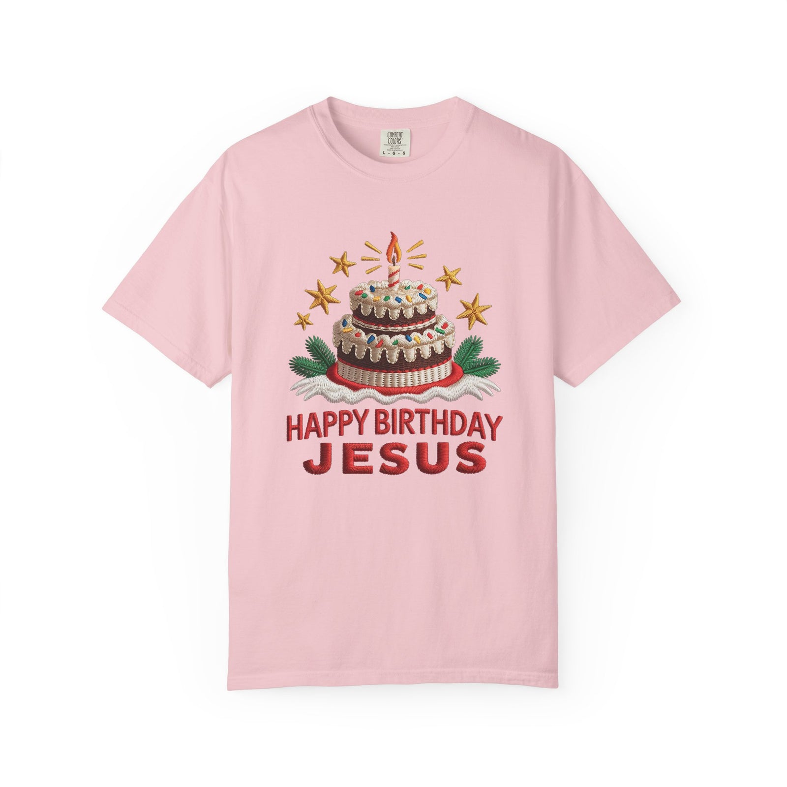 Happy Birthday Jesus Birthday Cake Faux Embroidery Tee Christmas Graphic T-Shirt