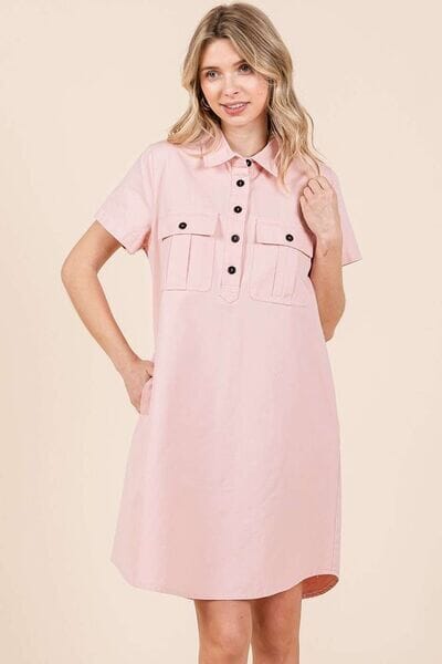 Mittoshop Button Detail Collared Neck Short Sleeve Shirt Dress - Sydney So Sweet