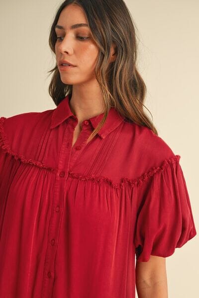 Annie Wear Mineral Washed Button Down Puff Sleeve Shirt Dress - Sydney So Sweet