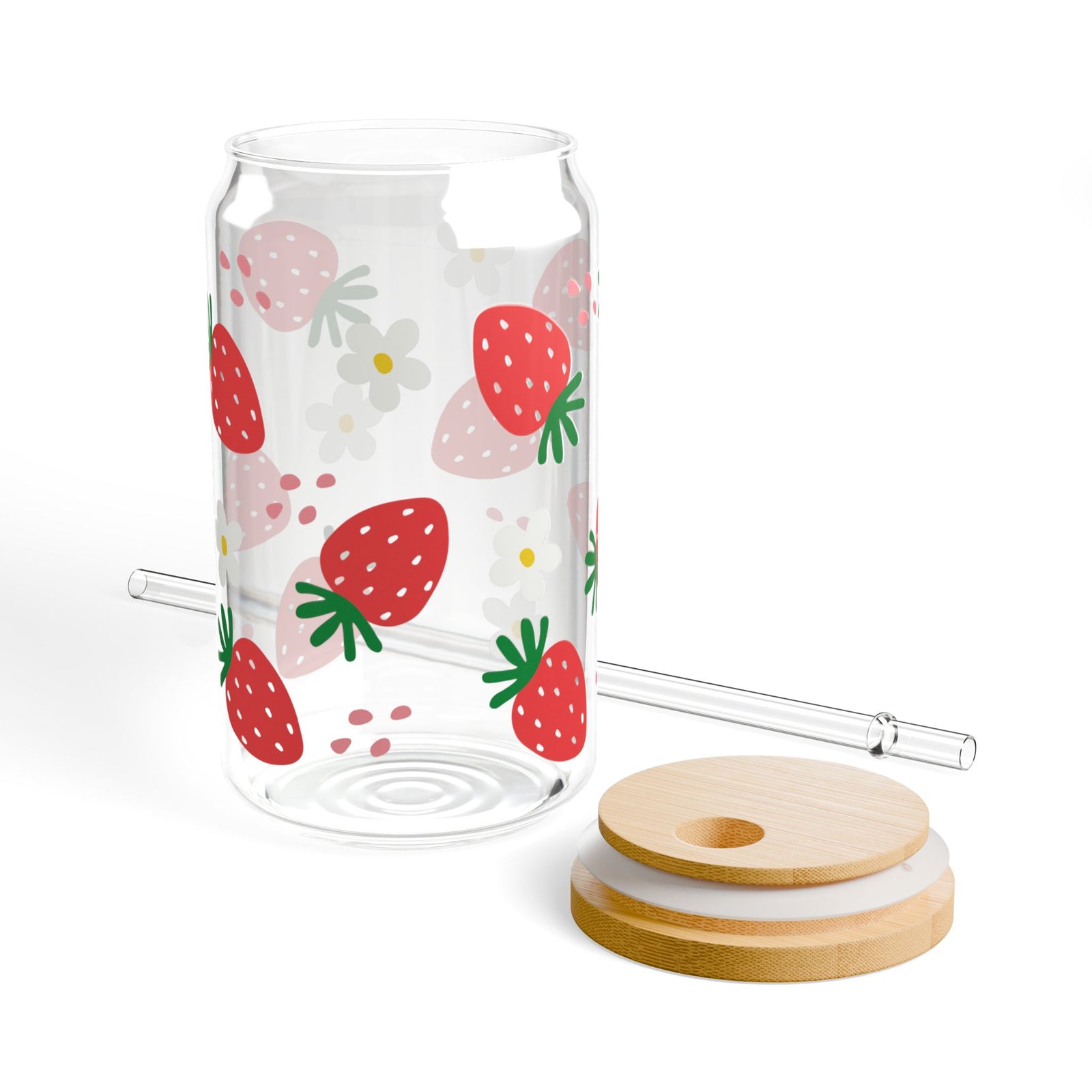 Strawberries Tumbler Sipper Glass 16oz — Reusable Drink Jar with Lid & Straw