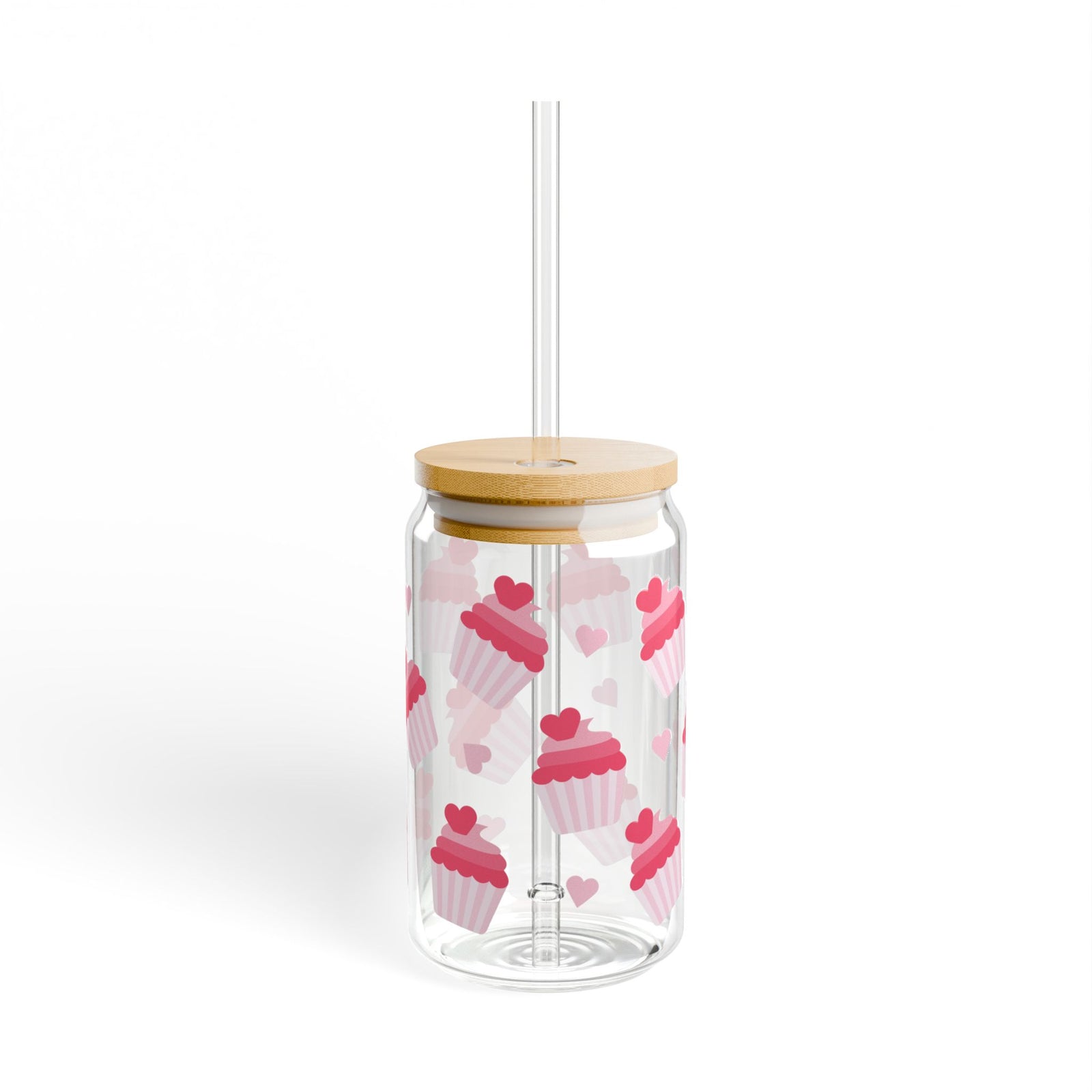 Cupcake Hearts Tumbler Sipper Glass 16oz — Reusable Drink Jar with Lid & Straw
