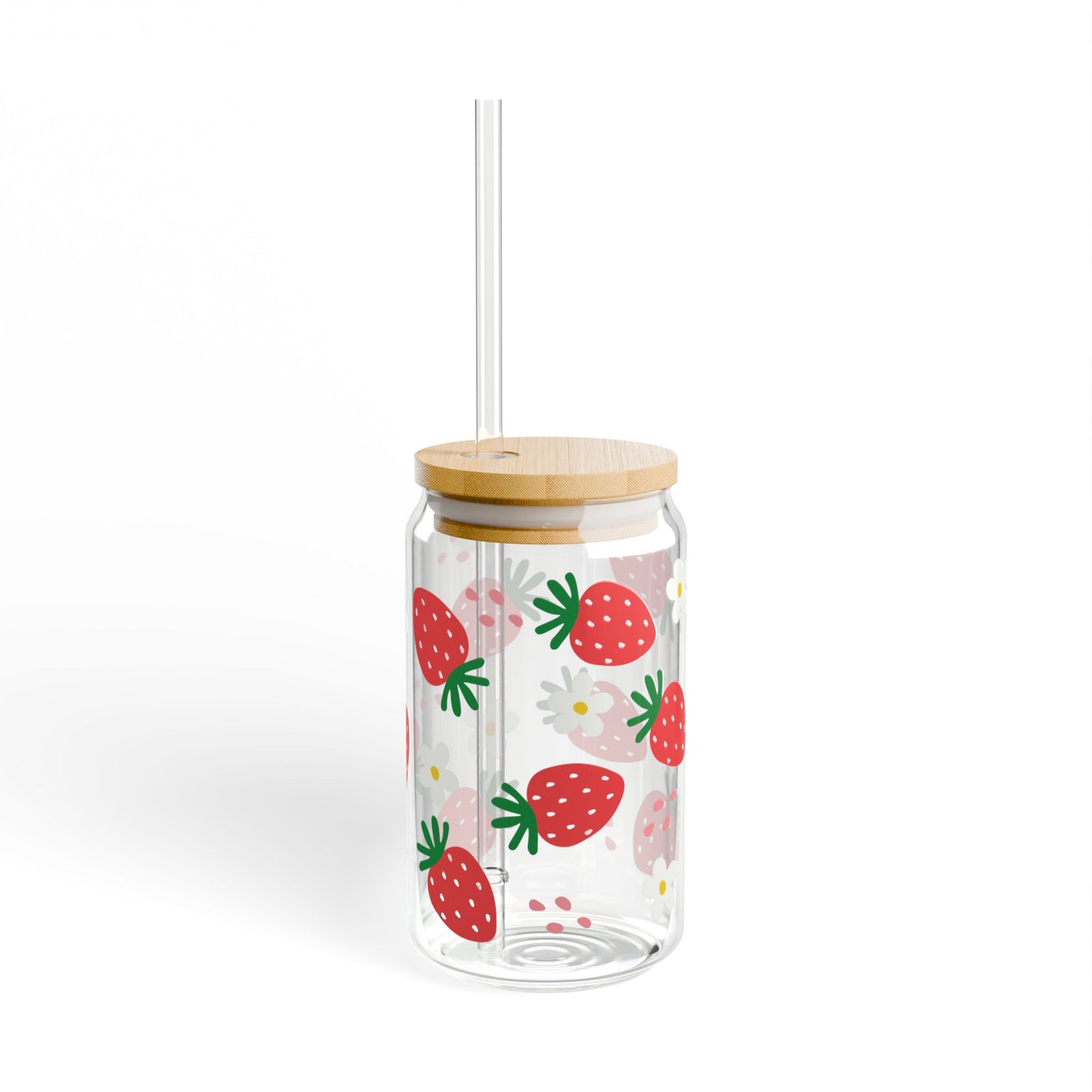 Strawberries Tumbler Sipper Glass 16oz — Reusable Drink Jar with Lid & Straw