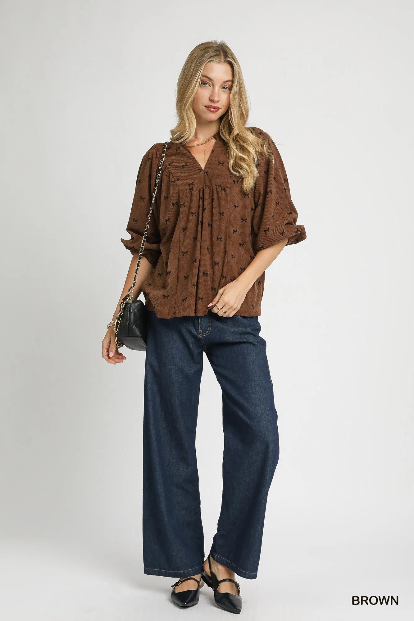 Umgee Corduroy Bow Print Balloon Sleeve Blouse - Sydney So Sweet