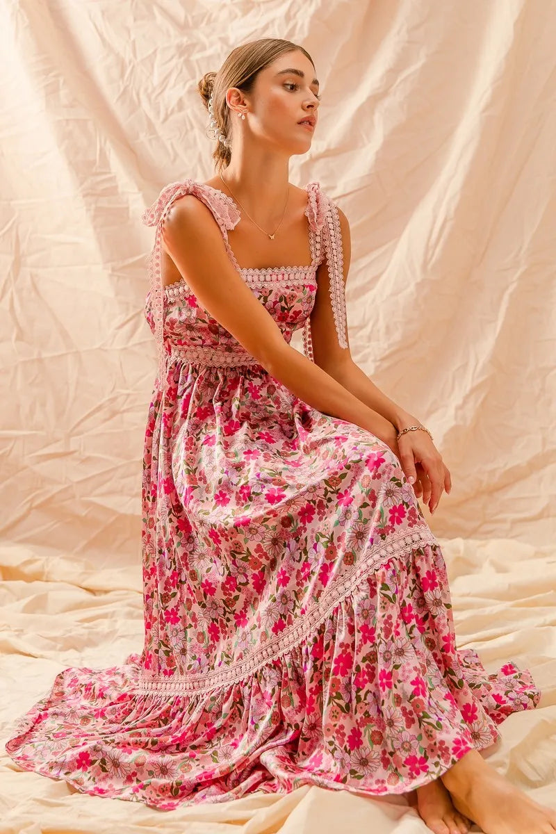 SO ME Floral Maxi Dress With Ribbon Tie Lace Strap - Sydney So Sweet
