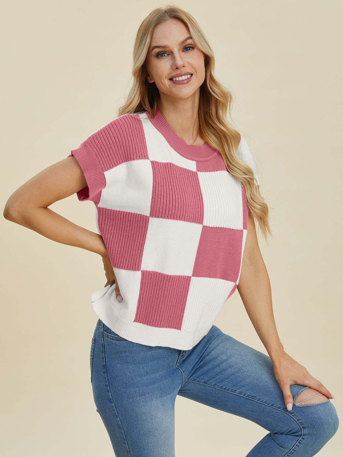 Double Take Full Size Checkered Round Neck Short Sleeve Sweater - Sydney So Sweet