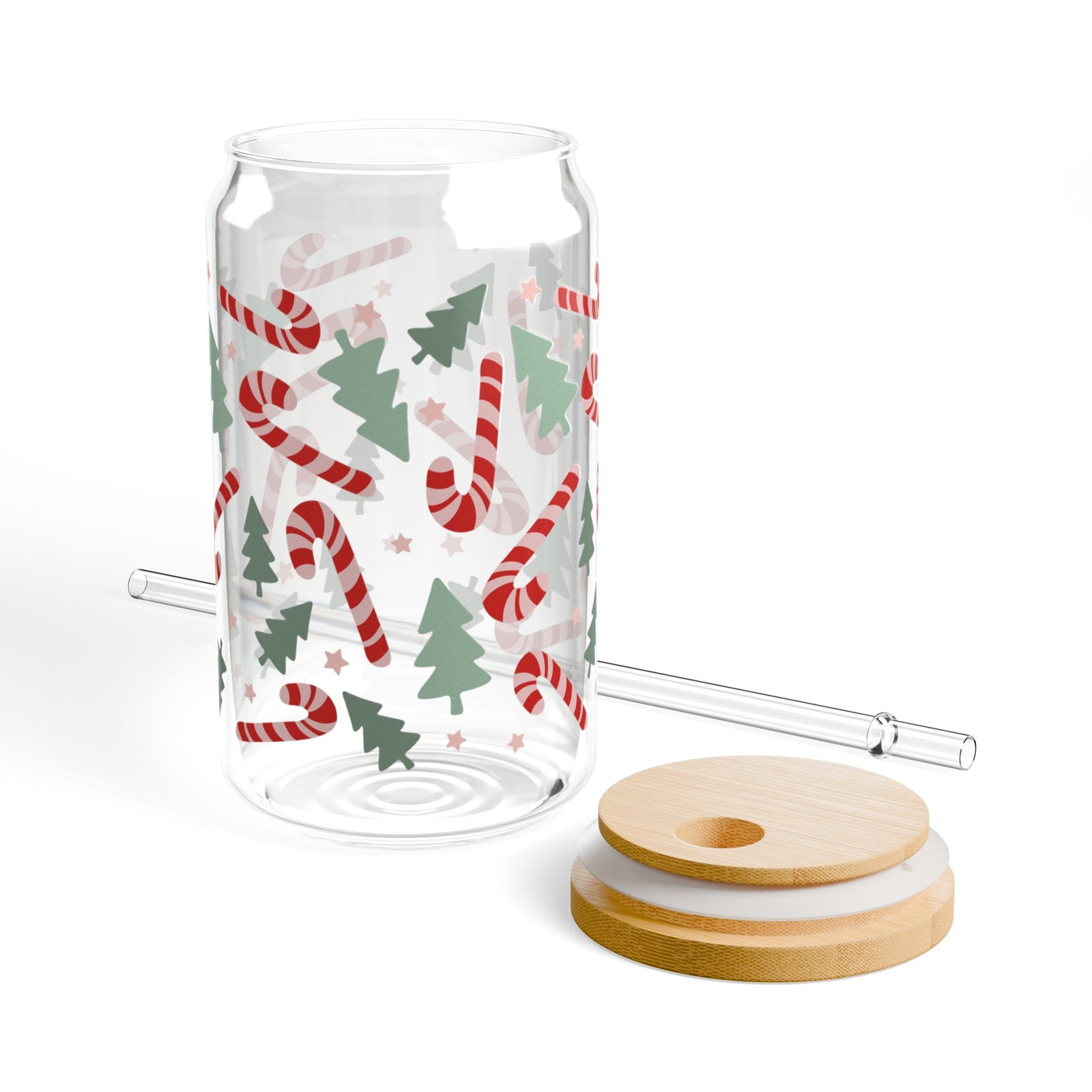 Candy Canes & Christmas Trees 16 oz reusable glass drink jar with lid and straw