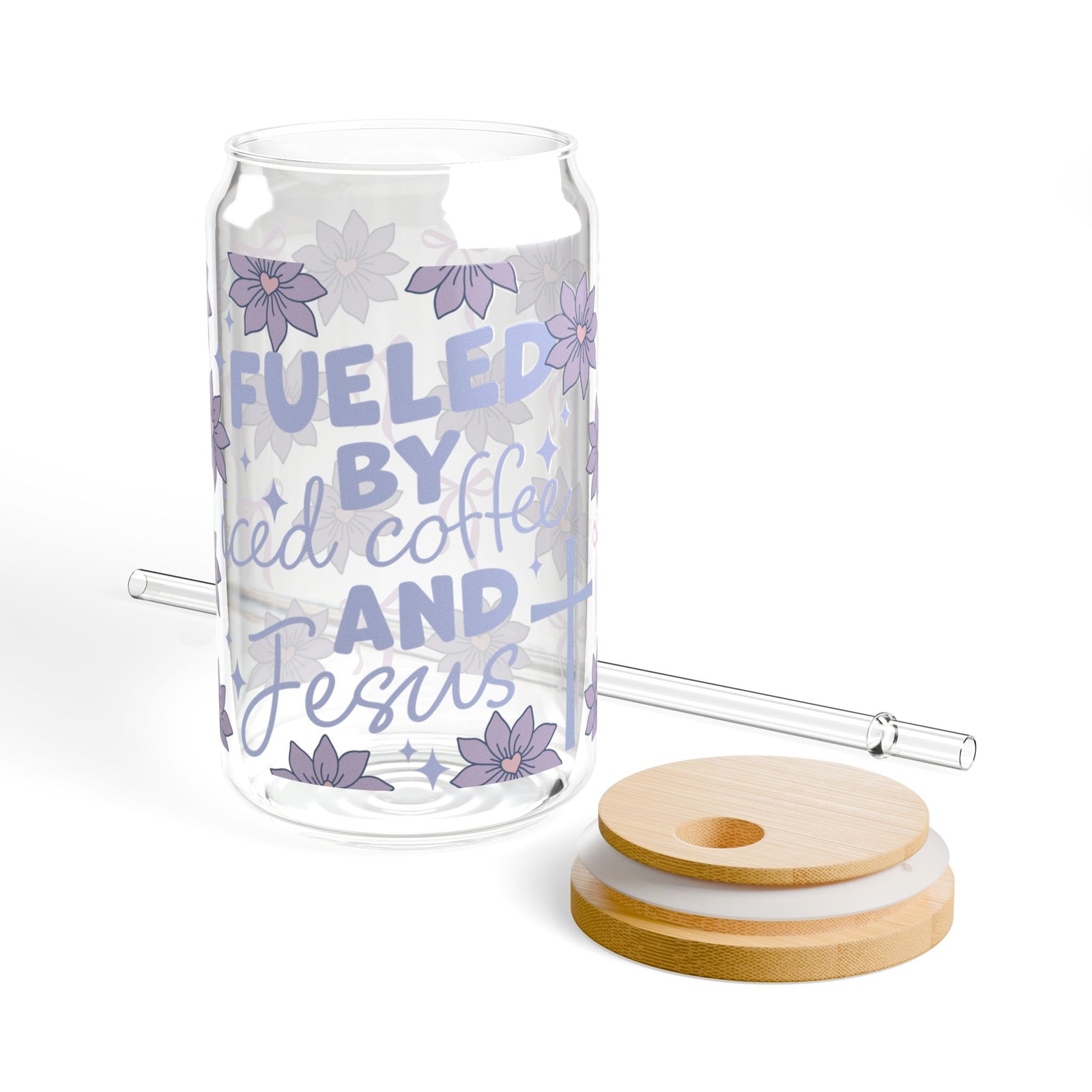 Fueled by Iced Coffee and Jesus Tumbler Sipper Glass 16oz — Reusable Drink Jar with Lid & Straw