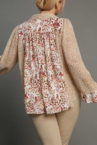 Umgee Full Size Mixed Print Metallic Detail Long Ruffle Sleeve Button Down Shirt Plus Size - Sydney So Sweet