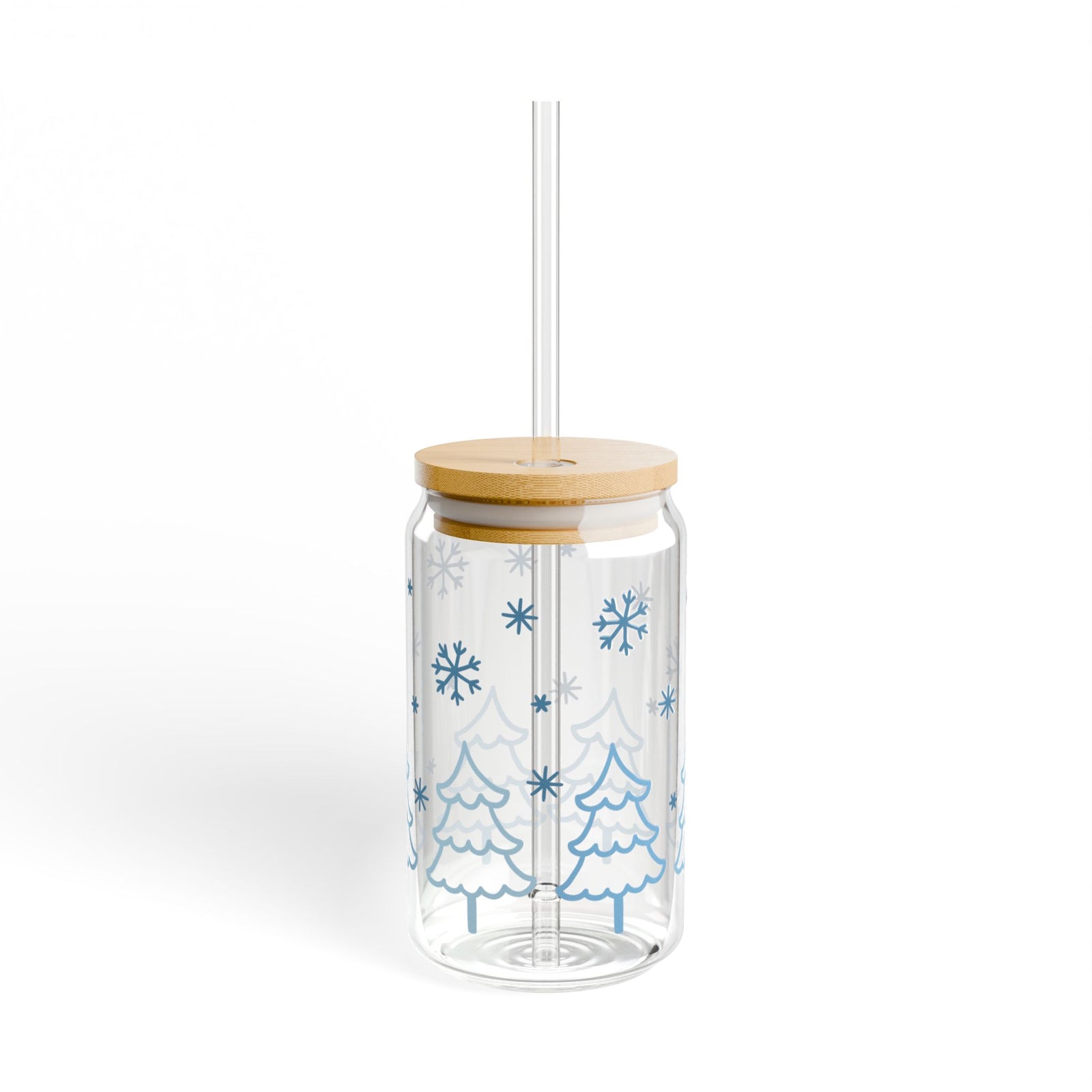 Snow Day Winter Christmas 16 oz reusable glass drink jar with lid and straw