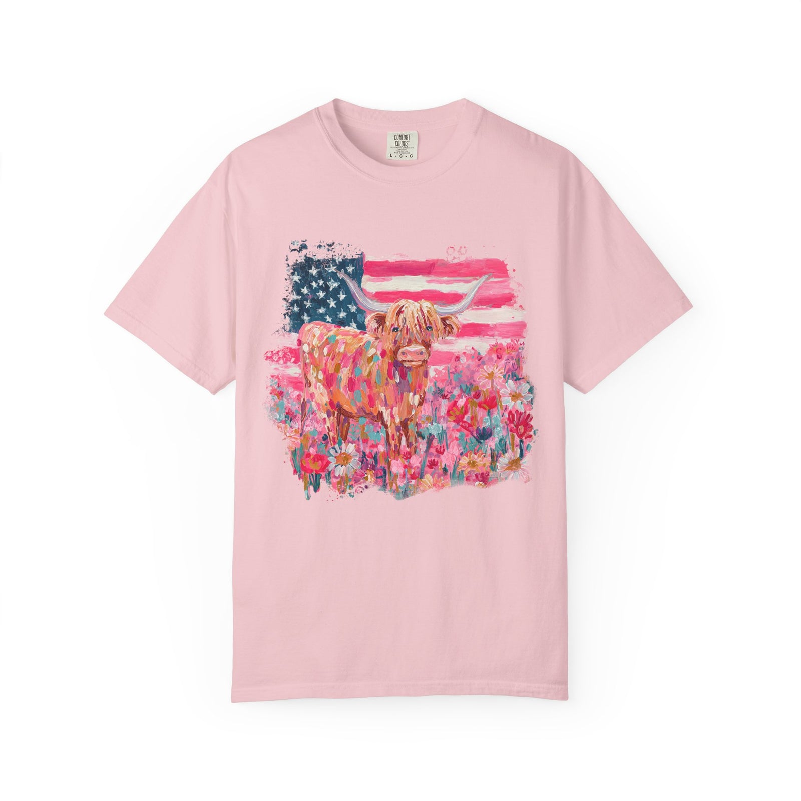 Patriotic Floral Highland Cow T-Shirt Watercolor Graphic Tee