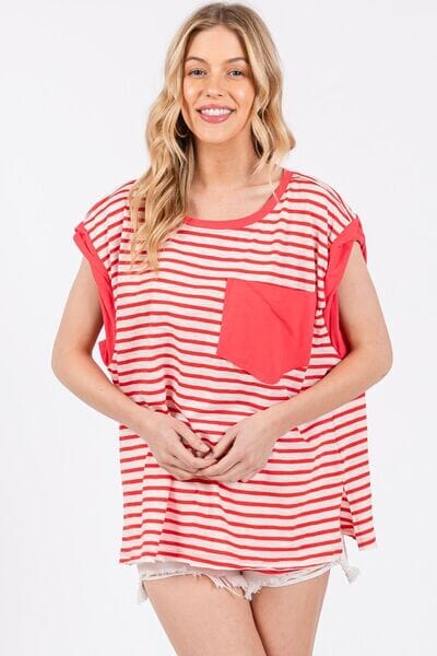 Ces Femme Side Slit Striped Cap Sleeve T-Shirt - Sydney So Sweet