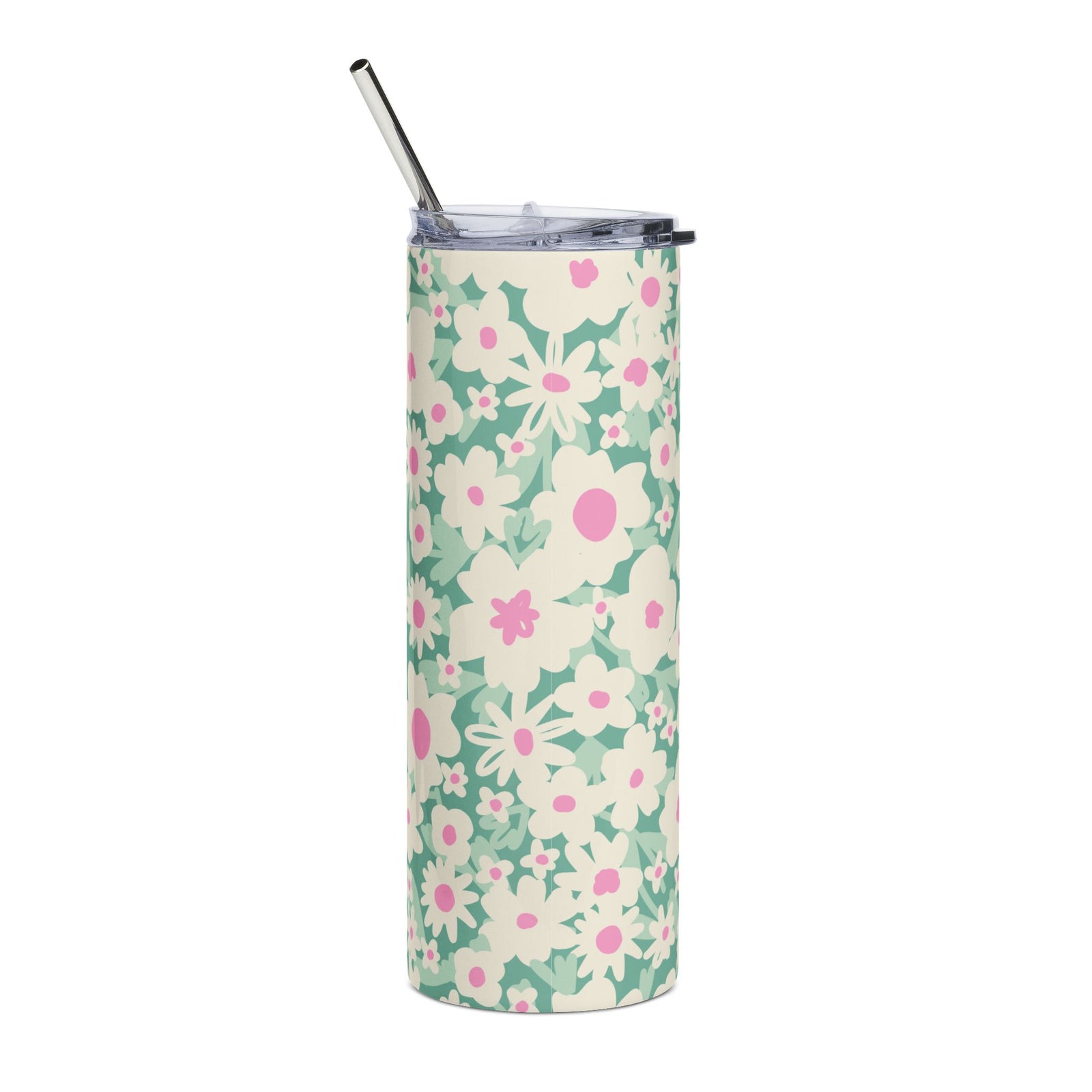 Pastel Pink & Green Daisy 20oz Floral Stainless Tumbler Travel Cup