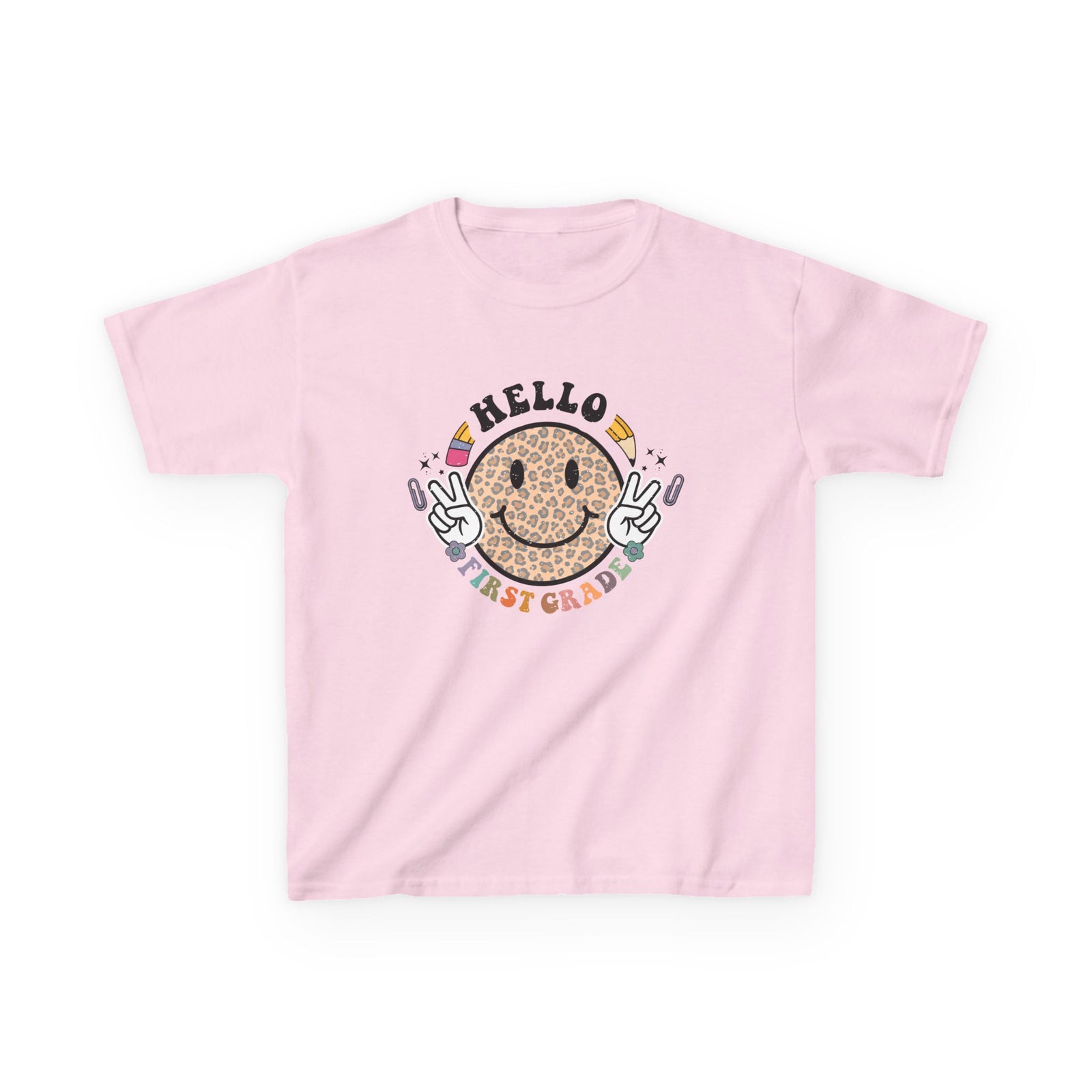 First Grade Cheetah Smiley Face Graphic Tee Back-to-School 1st Grade Kids T-Shirt