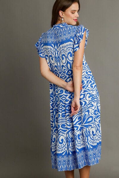 Umgee Full Size Two Tone Border Print Ruffle Cap Sleeve Midi Dress Plus Size - Sydney So Sweet