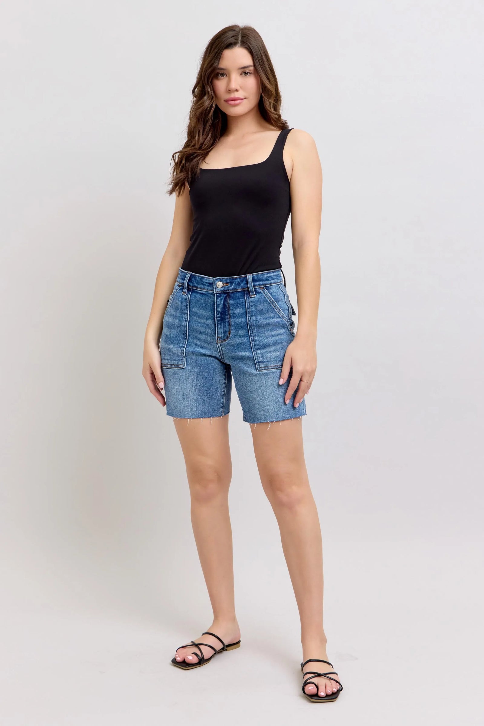 Judy Blue Full Size Mid Rise Bermudas Denim Shorts W/ Back Flap Pockets Plus Size - Sydney So Sweet