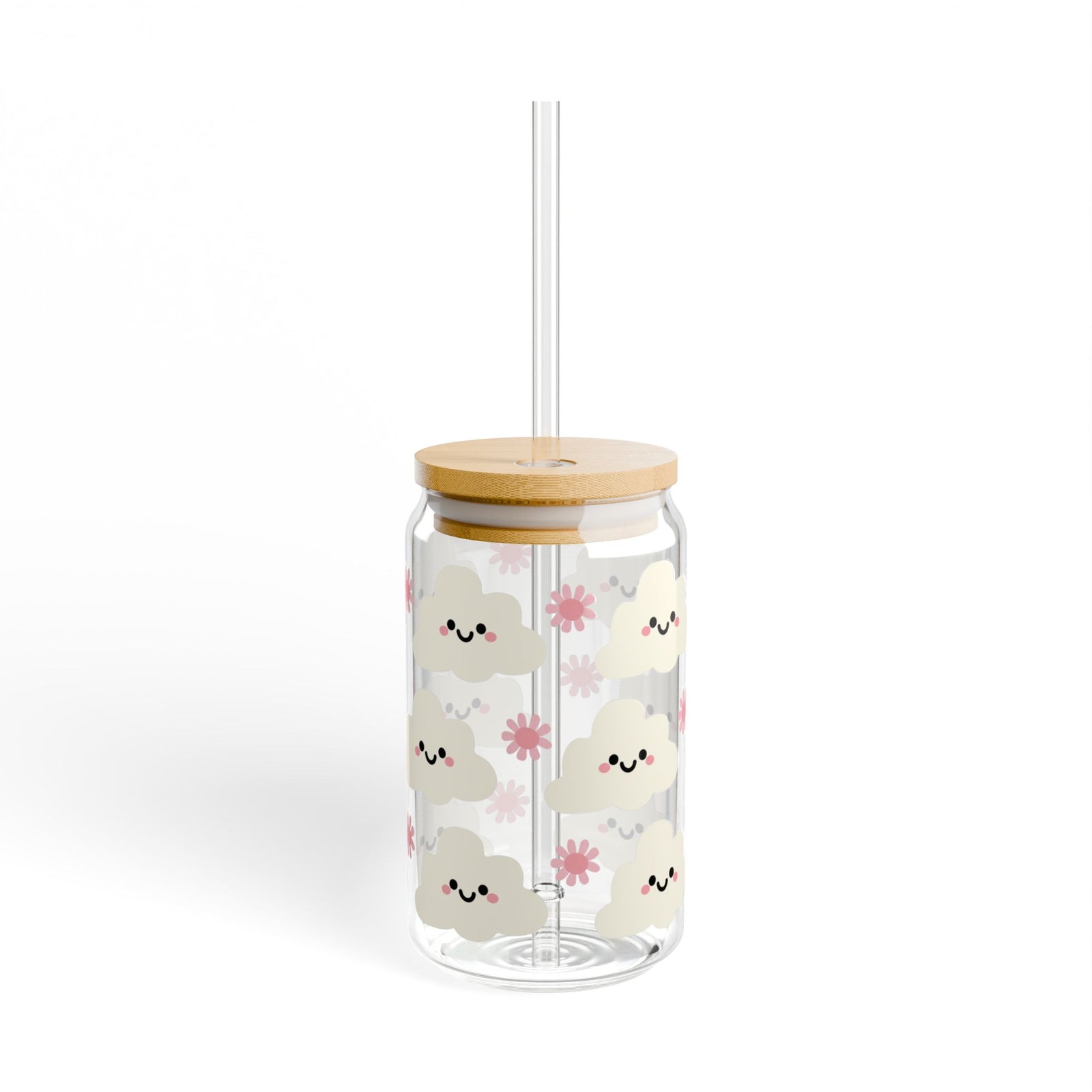 Cute Kawaii Cloud Tumbler Sipper Glass 16oz — Reusable Drink Jar with Lid & Straw