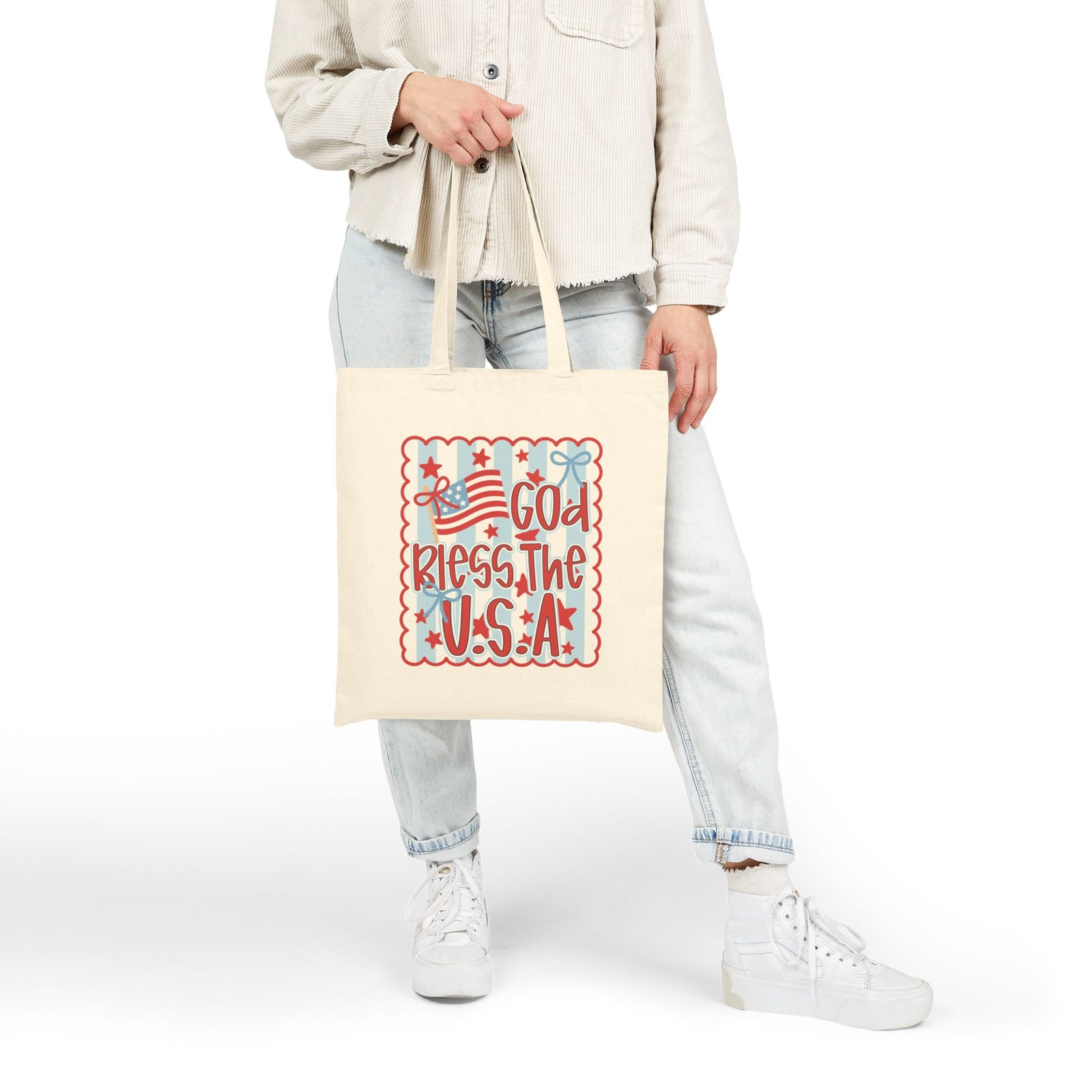 God Bless the U.S.A. Patriotic Cotton Canvas Tote Bag