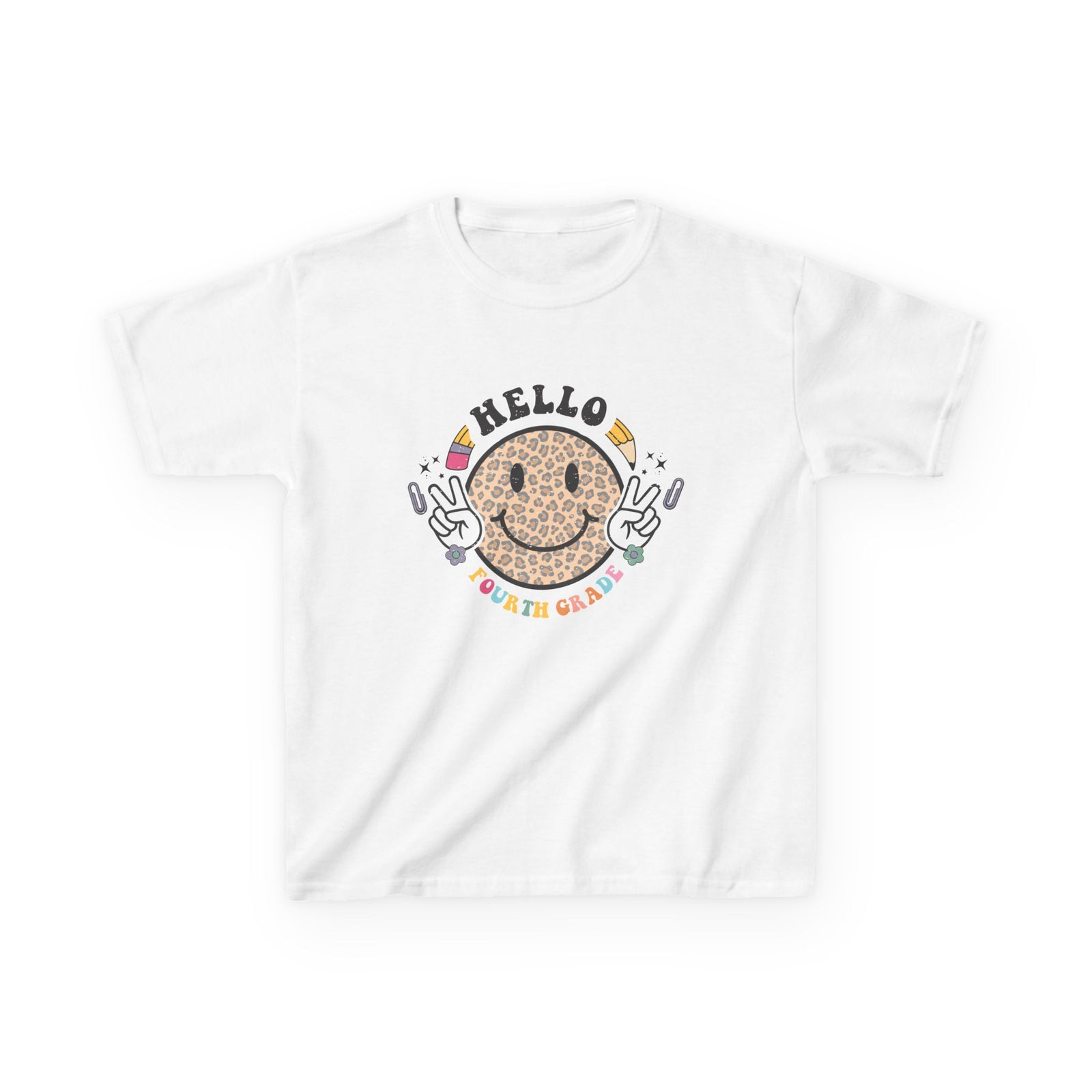Fourth Grade Cheetah Smiley Face Graphic Tee Back-to-School 4th Grade Kids T-Shirt