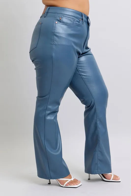 Judy Blue Full Size High Waist Tummy Control Faux Leather Bootcut Pants Plus Size - Sydney So Sweet