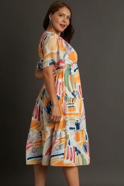 Umgee Full Size Abstract Print Flutter Sleeve Frill Tiered Midi Dress Plus Size - Sydney So Sweet