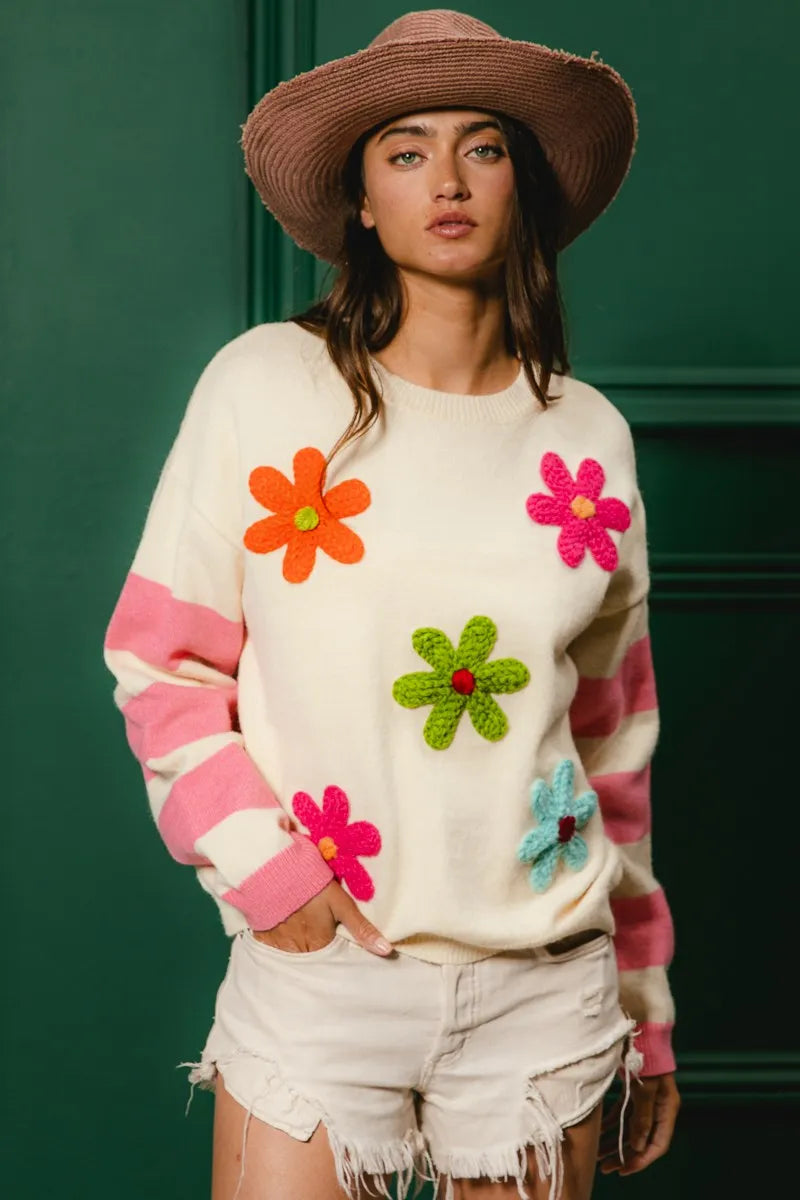 BiBi Colorful Floral Patched Sweater with Striped Sleeve - Sydney So Sweet
