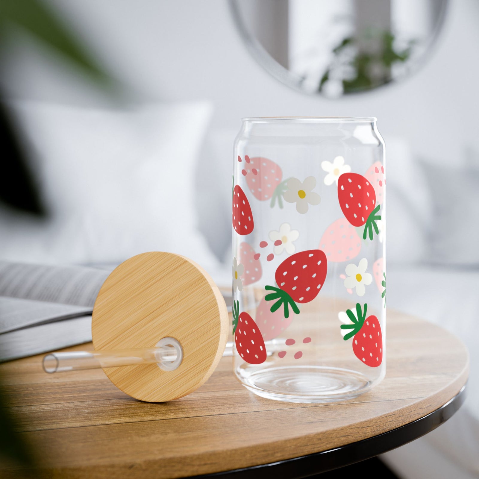 Strawberries Tumbler Sipper Glass 16oz — Reusable Drink Jar with Lid & Straw