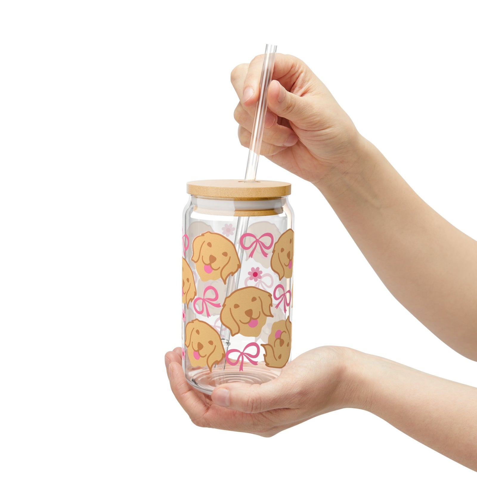 Bows & Dogs Tumbler Sipper Glass 16oz — Reusable Drink Jar with Lid & Straw - Sydney So Sweet