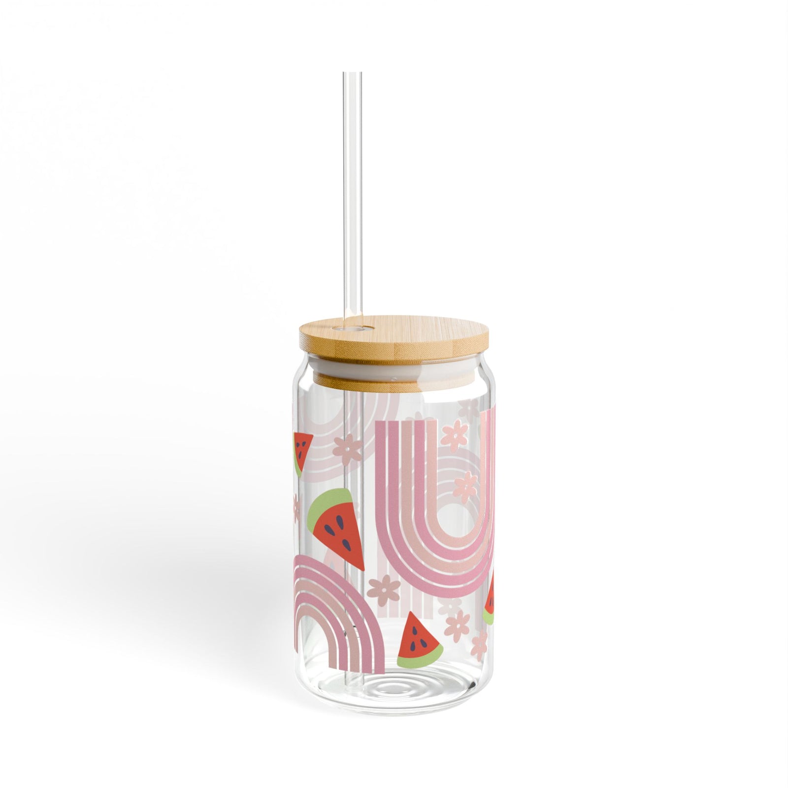Watermelon Rainbow Tumbler Sipper Glass 16oz — Reusable Drink Jar with Lid & Straw