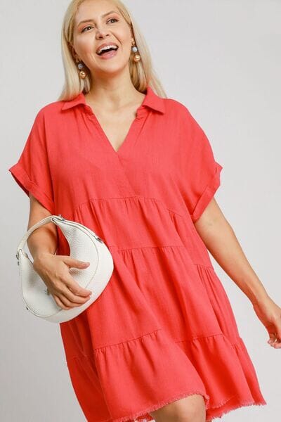 Umgee Full Size Raw Hem Folded Sleeve Tiered Dress Plus Size - Sydney So Sweet