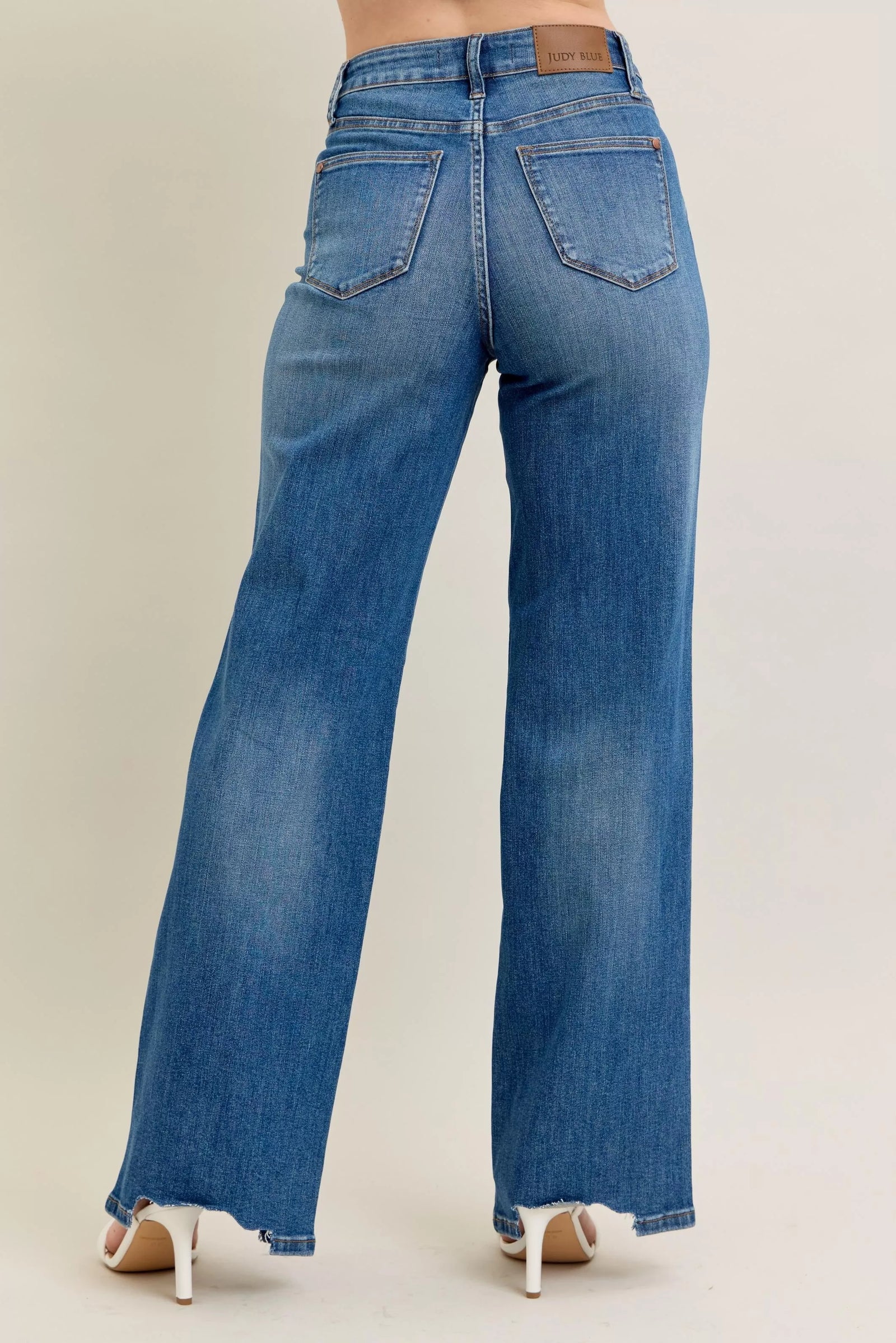 Judy Blue Full Size High Waist Tummy Control Chew Hem Destroy Wide Jeans Plus Size - Sydney So Sweet